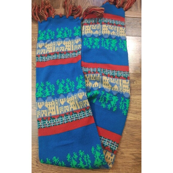 Hot Sox Co. Inc. Accessories - VTG 70s Hot Sox Co. Christmas Town Knit Scarf Tassels Multicolor Holidays 55x8